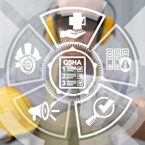 Occupational Safety and Health Administration. OSHA checklist documents. Industry employee working on virtual touchscreen selects osha document icon.