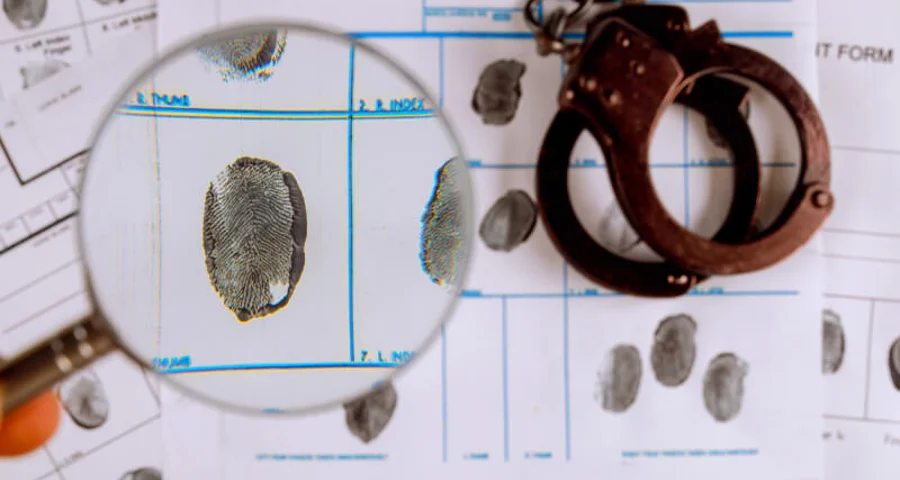 criminal record fingerprint magnifying glass and handcuffs