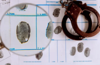 criminal record fingerprint magnifying glass and handcuffs