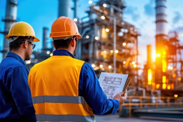 Industrial workers observe refinery at sunset, discussing plans. contractor consortium