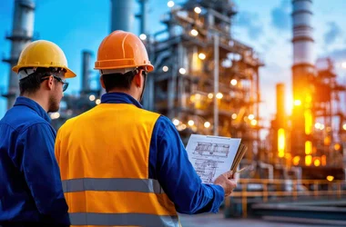 Industrial workers observe refinery at sunset, discussing plans. contractor consortium