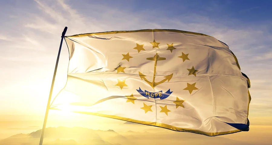 Rhode Island flag waving in the sun
