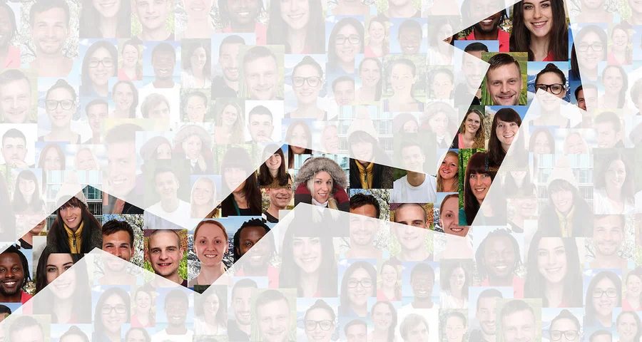 Rising graph arrow superimposed over a collage of headshots