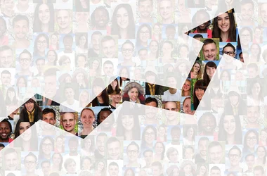 Rising graph arrow superimposed over a collage of headshots