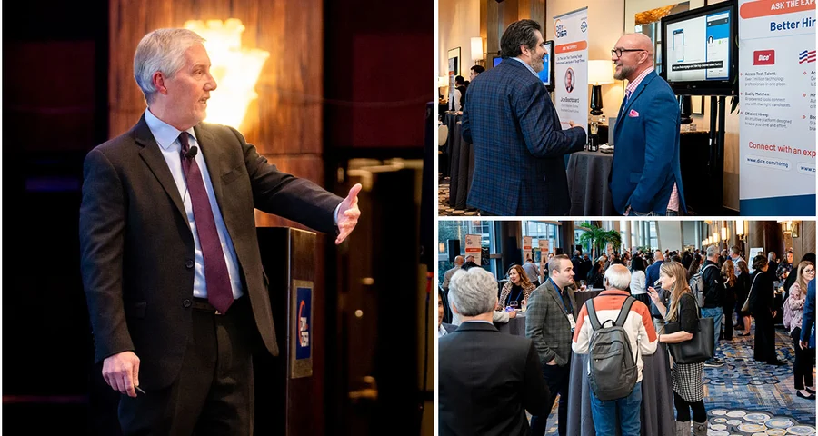 HR conference attendees talking to each other at a networking event, a conference speaker