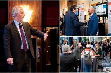HR conference attendees talking to each other at a networking event, a conference speaker