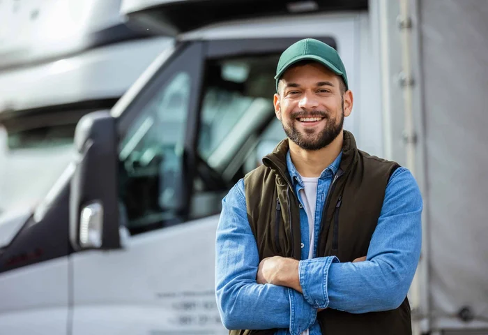 Truck driver standing outside truck with arms crossed and smiling
