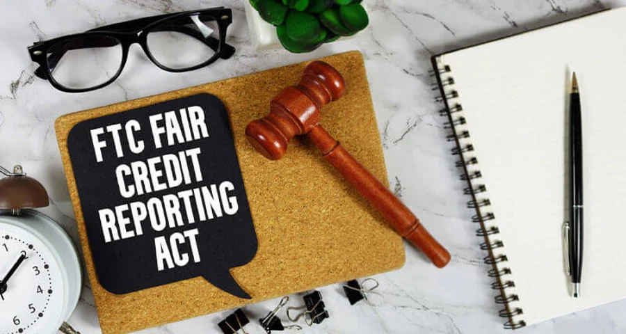 ftc fair credit reporting act text speech bubble with gavel, notebook, and clock
