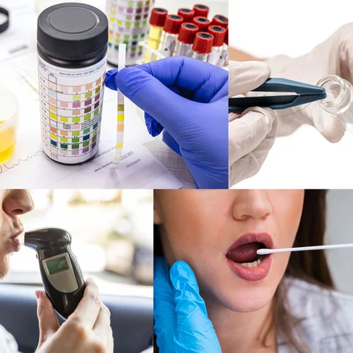 collage of different types of tests: urine test, hair test, breathalyzer, oral fluid testing for drug screening