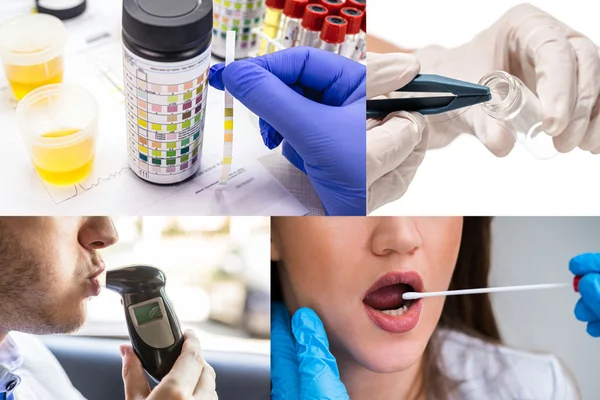 collage of different types of tests: urine test, hair test, breathalyzer, oral fluid testing for drug screening