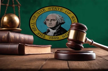 wooden gavel in front of Washington state flag