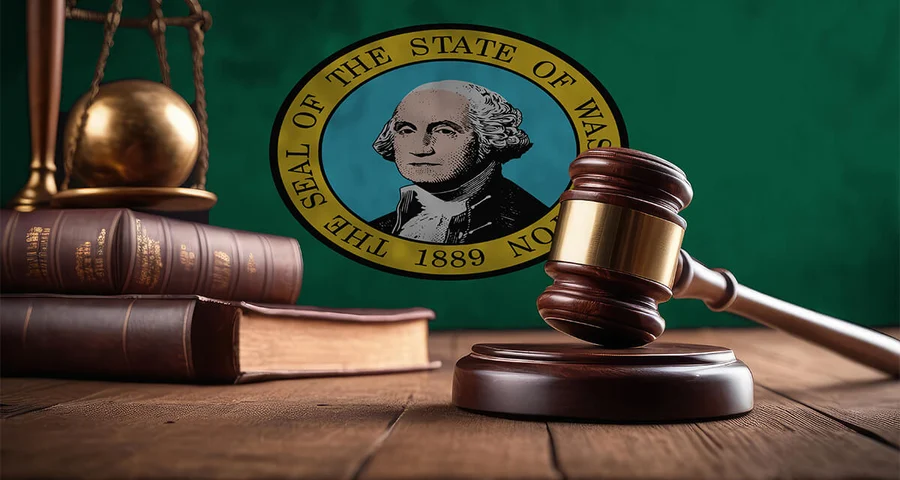 wooden gavel in front of Washington state flag