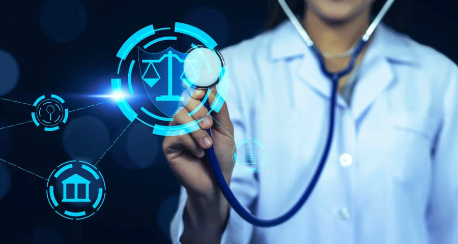 Healthcare worker holding a stethoscope up to a legal icon
